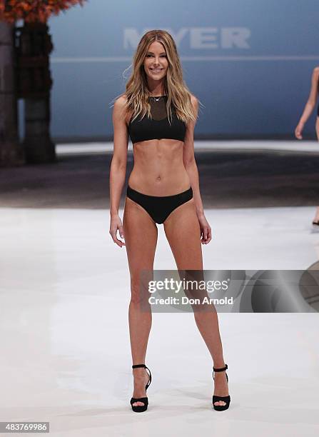 Jennifer Hawkins showcases designs by Cozi during rehearsal ahead of the Myer Spring 2015 Fashion Launch on August 13, 2015 in Sydney, Australia.