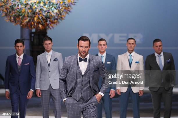 Kris Smith showcases designs by Dom Bagnato during rehearsal ahead of the Myer Spring 2015 Fashion Launch on August 13, 2015 in Sydney, Australia.