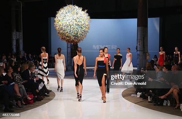 Models showcase designs by By Johnny during rehearsal ahead of the Myer Spring 2015 Fashion Launch on August 13, 2015 in Sydney, Australia.