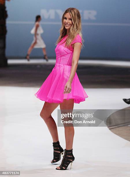 Jennifer Hawkins showcases designs by Alex Perry during rehearsal ahead of the Myer Spring 2015 Fashion Launch on August 13, 2015 in Sydney,...