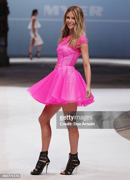 Jennifer Hawkins showcases designs by Alex Perry during rehearsal ahead of the Myer Spring 2015 Fashion Launch on August 13, 2015 in Sydney,...