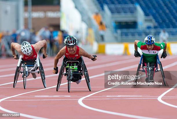 Raymond Martin from the USA wins the Gold medal in the Men's 100m T52 Final with 17.01 during the 2015 Toronto Parapan Am Games.