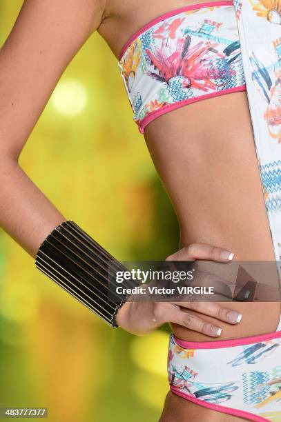 Model walks the runway during Movimento show at Sao Paulo Fashion Week Spring Summer 2014/2015 at Parque Candido Portinari on April 3, 2014 in Sao...