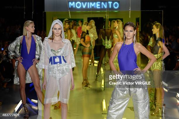 Model walks the runway during Movimento show at Sao Paulo Fashion Week Spring Summer 2014/2015 at Parque Candido Portinari on April 3, 2014 in Sao...