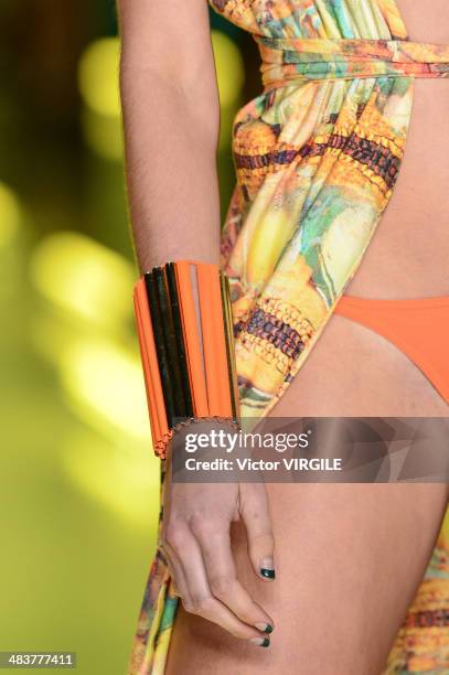 Model walks the runway during Movimento show at Sao Paulo Fashion Week Spring Summer 2014/2015 at Parque Candido Portinari on April 3, 2014 in Sao...