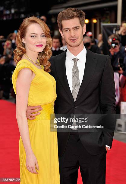 Actors Emma Stone and Andrew Garfield attend 'The Amazing Spider-Man 2' world premiere at the Odeon Leicester Square on April 10, 2014 in London,...