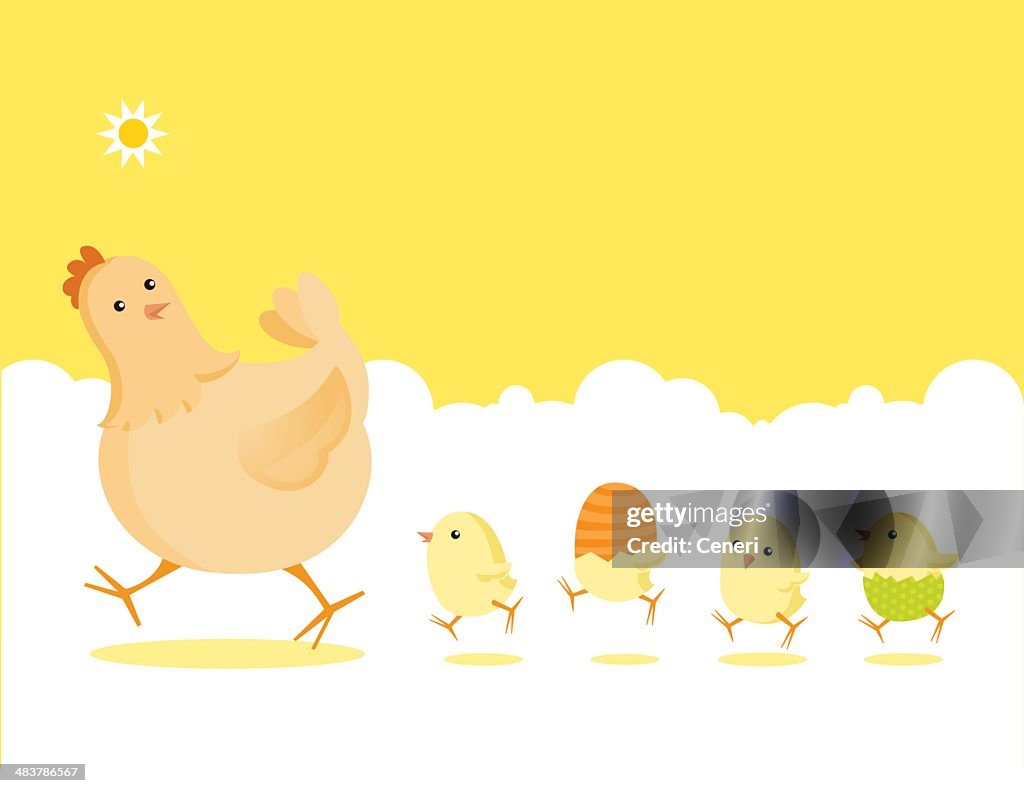 Easter Partridge Family: Mother Hen and Newborn Baby Chicks