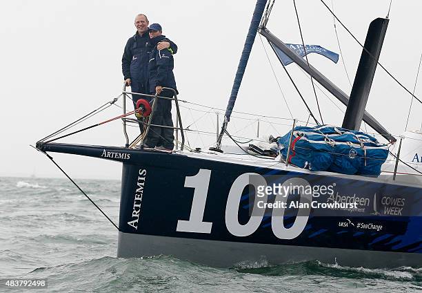 Mike Tindall with his wife Zara Phillips aboard Artemis Ocean Racing II during Aberdeen Asset Management Cowes Week Day Six on August 13, 2015 in...