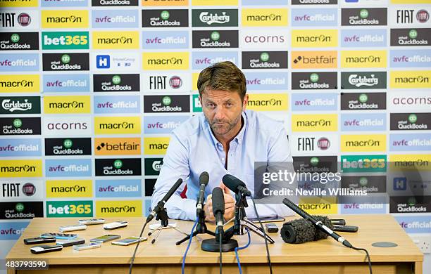 Tim Sherwood manager of Aston Villa talks to the press during a press conference at the club's training ground at Bodymoor Heath on August 13, 2015...