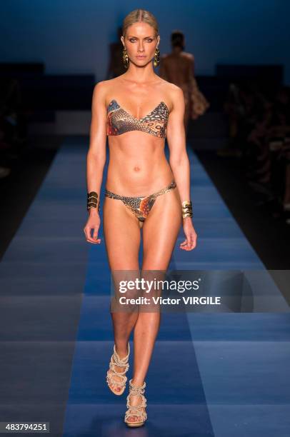 Ana Claudia Michels walks the runway during the Agua de Coco por Liana Thomaz show at Sao Paulo Fashion Week Spring Summer 2014/2015 at Parque...