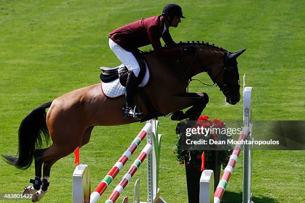 Sheikh Ali Bin Khalid Al Thani of Qatar riding Vienna Olympic competes in the Class 01, CSI5* 1.45m Two Phases: A + A, against the clock during the...