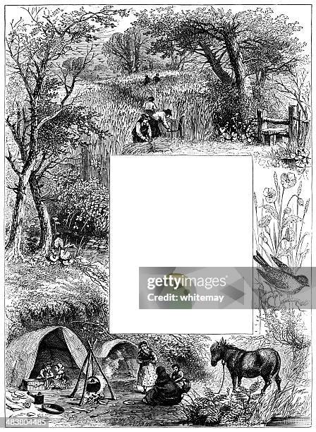 victorian harvest time border - stile stock illustrations