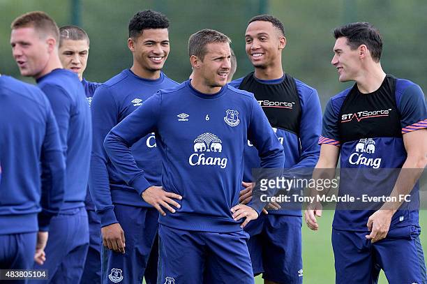 Phil Jagielka Brendan Galloway Gareth Barry Tyias Browning Muhamed Besic and James McCarthy during the Everton training session at Finch Farm on...