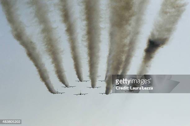 Aircraft from the Italian Air Force's Frecce Tricolori fly over the sky of Livorno on August 8, 2015 in Livorno, Italy. The Frecce Tricolori are the...