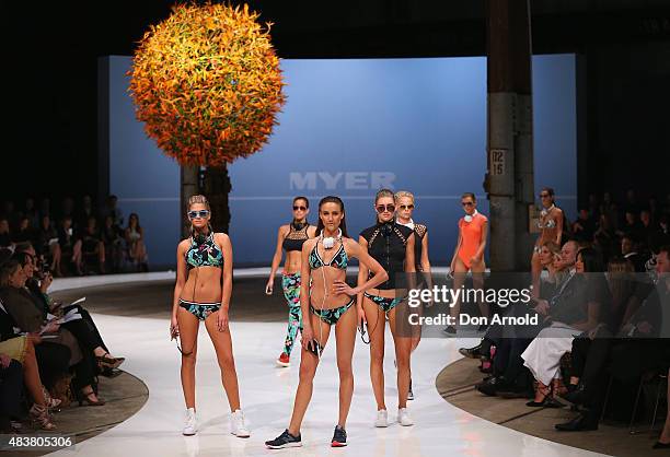 Rachael Finch showcases designs by Seafolly during the Myer Spring 2015 Fashion Launch on August 13, 2015 in Sydney, Australia.