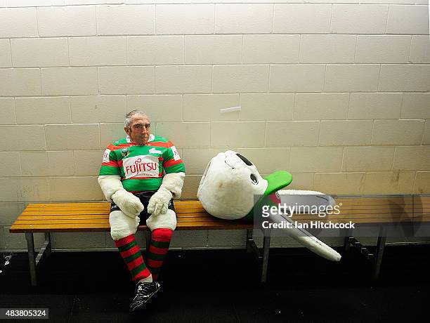 Rabbitohs mascot Charlie Gallico waits for his team to come out the dressing rooms at half time during the round 23 NRL match between the North...