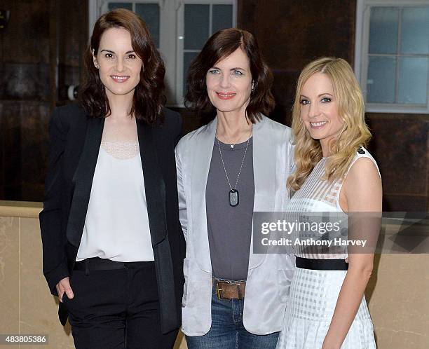 Actresses Michelle Dockery, Elizabeth McGovern and Joanne Froggatt attend the press launch of "Downton Abbey" at May Fair Hotel on August 13, 2015 in...