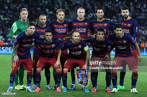 Barcelona pose for a team photograph ahead of the UEFA Super Cup match between Barcelona and Sevilla FC at Dinamo Stadium on August 11, 2015 in...