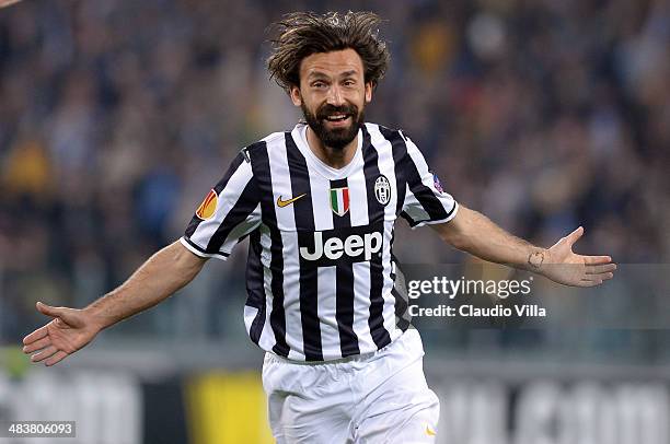 Andrea Pirlo of Juventus celebrates scoring the first goal during the UEFA Europa League quarter final match between Juventus and Olympique Lyonnais...