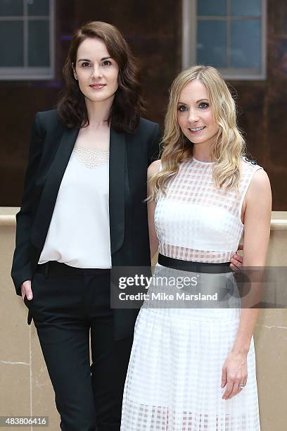 Michelle Dockery and Joanne Froggatt attend the press launch of "Downton Abbey" at May Fair Hotel on August 13, 2015 in London, England.