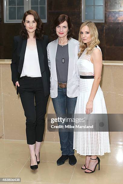 Michelle Dockery, Elizabeth McGovern and Joanne Froggatt attend the press launch of "Downton Abbey" at May Fair Hotel on August 13, 2015 in London,...