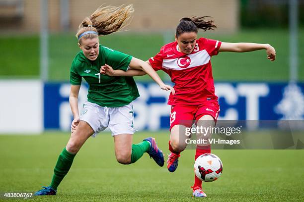 Sarah Rowe of Ierland, Medine Erkan of Turkije during the UEFA European Women's Under-19 Championship qualifying match between Turkey U19 and...