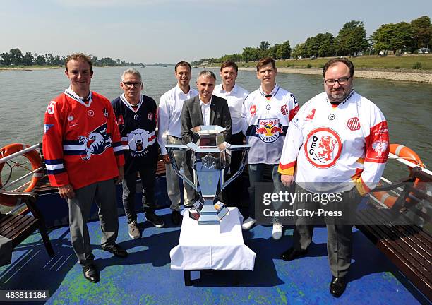 Adler Mannheim CEO Daniel Hopp, CEO Peter John Lee of the Eisbaeren Berlin, Herberts Vasiljevs of Krefeld Pinguine, CHL CEO Martin Baumann, CEO Claus...