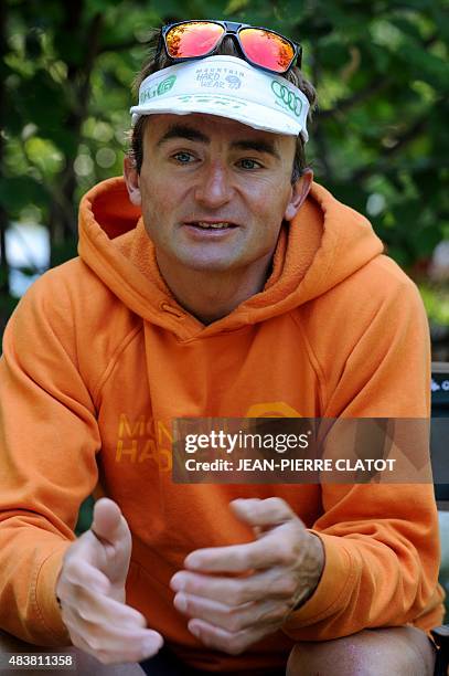 Swiss climber Ueli Steck speaks during an interview in Sigoyer, in the Hautes-Alpes department of southeastern France, on August 13, 2015. Steck...