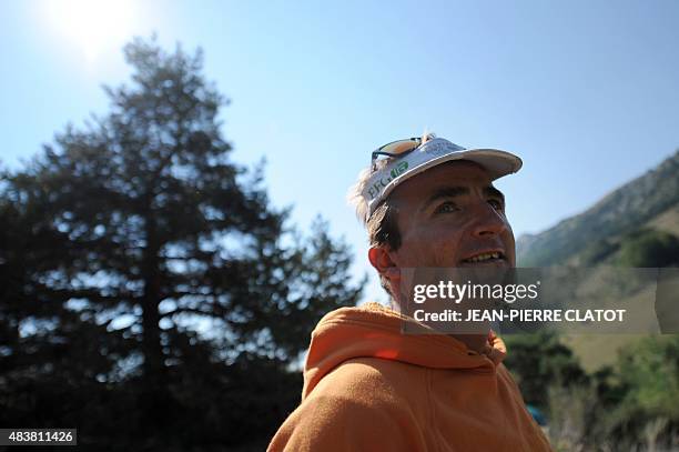 Swiss climber Ueli Steck poses in Sigoyer, in the Hautes-Alpes department of southeastern France, on August 13, 2015. Steck announced on August 12...