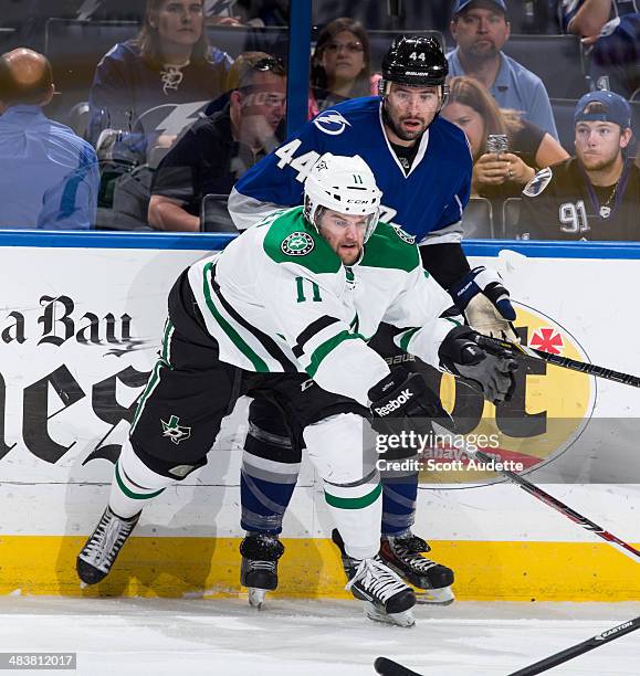 Nate Thompson of the Tampa Bay Lightning skates against Dustin Jeffrey of the Dallas Stars during the first period at the Tampa Bay Times Forum on...