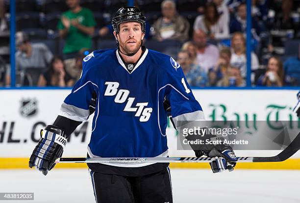 Ryan Malone of the Tampa Bay Lightning skates against the Dallas Stars at the Tampa Bay Times Forum on April 5, 2014 in Tampa, Florida.