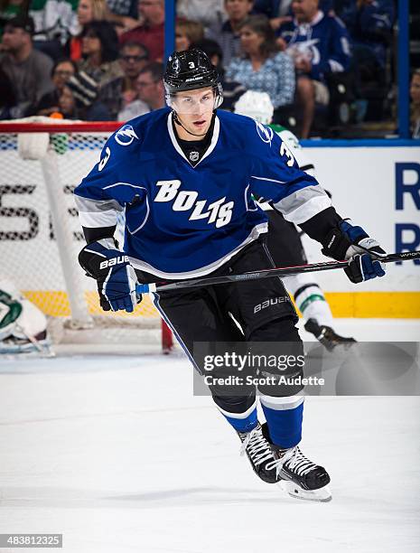 Keith Aulie of the Tampa Bay Lightning skates against the Dallas Stars at the Tampa Bay Times Forum on April 5, 2014 in Tampa, Florida.