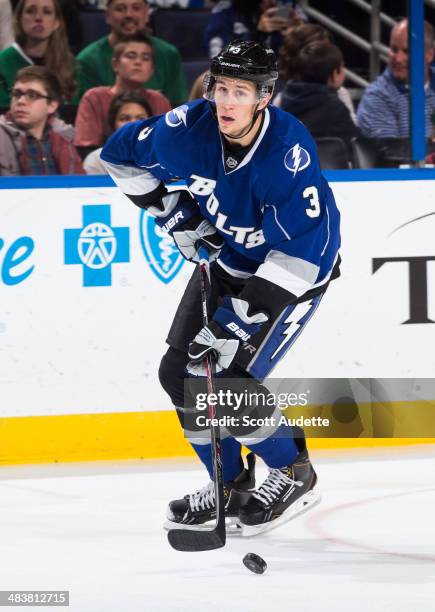 Keith Aulie of the Tampa Bay Lightning skates against the Dallas Stars at the Tampa Bay Times Forum on April 5, 2014 in Tampa, Florida.