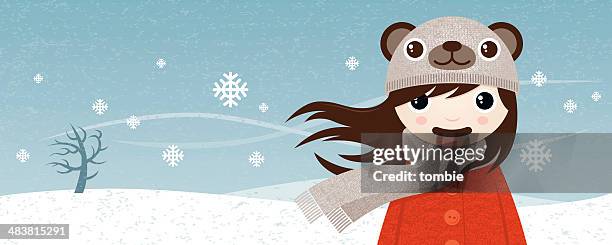stockillustraties, clipart, cartoons en iconen met girl wearing bear hat in the snow - rode wangen