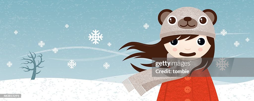 Girl Wearing Bear Hat In The Snow