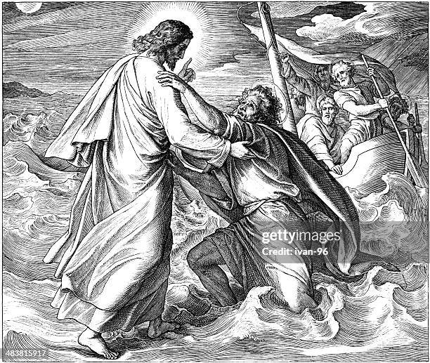 jesus walks on water - praying stock illustrations