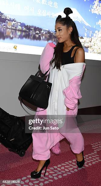 Ariana Grande is seen upon arrival at Haneda Airport on August 13, 2015 in Tokyo, Japan.