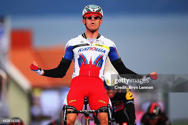 Alexander Kristoff of Norway and Team Katusha celebrates winning stage one of the 2015 Arctic Race of Norway, a 213.5km from Harstad to Harstad, on...