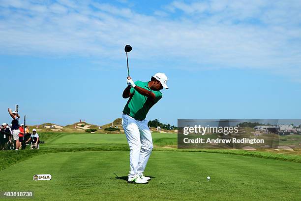 Anirban Lahiri of India hits his tee shot on the 11th hole during the first round of the 2015 PGA Championship at Whistling Straits on August 13,...