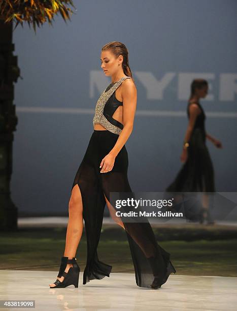 Model wearing Sass & Bide during the Myer Spring 2015 Fashion Launch on August 13, 2015 in Sydney, Australia.