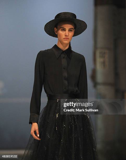 Model wearing Jayson Brunsdon during the Myer Spring 2015 Fashion Launch on August 13, 2015 in Sydney, Australia.