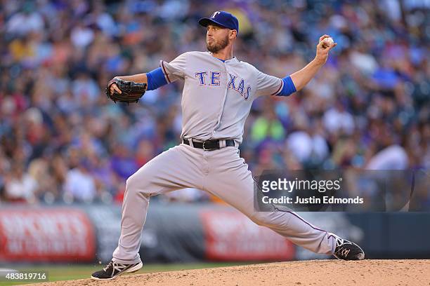 Matt Harrison of the Texas Rangers pitches against the Colorado Rockies during Interleague play at Coors Field on July 21, 2015 in Denver, Colorado.