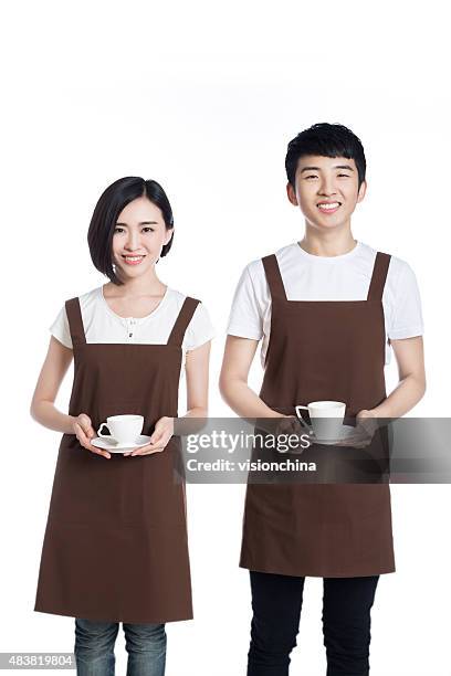 two waiters on a white background - asian man white background stock pictures, royalty-free photos & images