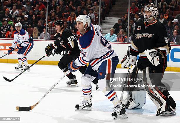 Ryan Smyth of the Edmonton Oilers skates against Frederik Andersen of the Anaheim Ducks on April 2, 2014 at Honda Center in Anaheim, California.