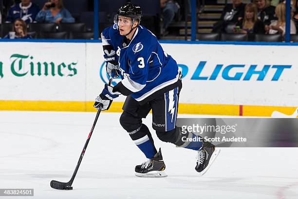 Keith Aulie of the Tampa Bay Lightning skates against the Dallas Stars at the Tampa Bay Times Forum on April 5, 2014 in Tampa, Florida.