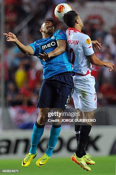 Porto's Brazilian defender Danilo vies with Sevilla's midfielder Victor "Vitolo" Machin during the UEFA Europa League quarterfinal second leg...