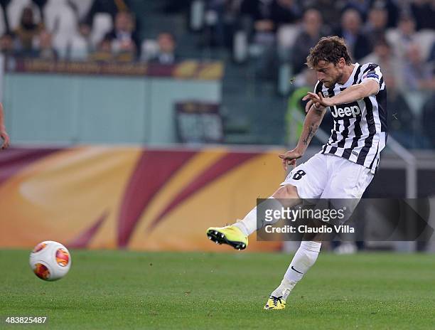 Claudio Marchisio of Juventus scores the second goal during the UEFA Europa League quarter final match between Juventus and Olympique Lyonnais at...