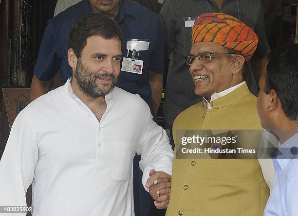 Congress Vice President Rahul Gandhi with BJP Rajya Sabha MP Narayan Lal Panchariya from Rajasthan, after attending the Parliament Monsoon Session on...