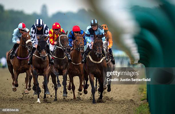 Sleep Easy ridden by Martin Harley on the way to winning the PMW Communications Handicap at Lingfield Park on August 13, 2015 in Lingfield, England.