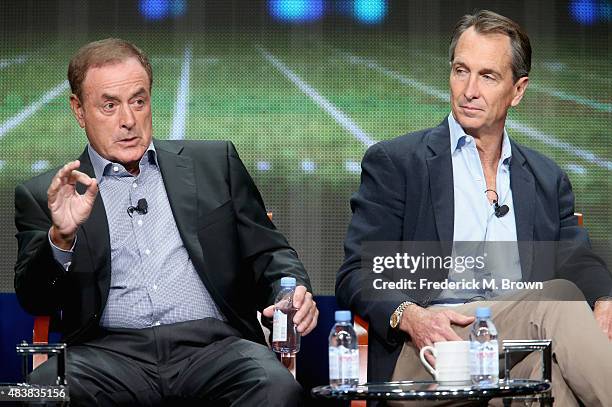 Play-by-play announcer Al Michaels and analyst Cris Collinsworth speak onstage during NBC's 'Sunday Night Football' panel discussion at the...